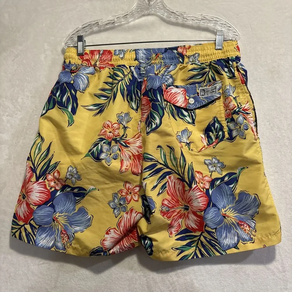 Polo Ralph Lauren Long Swim Trunks Men's Large Yellow Hibiscus Floral Traveler